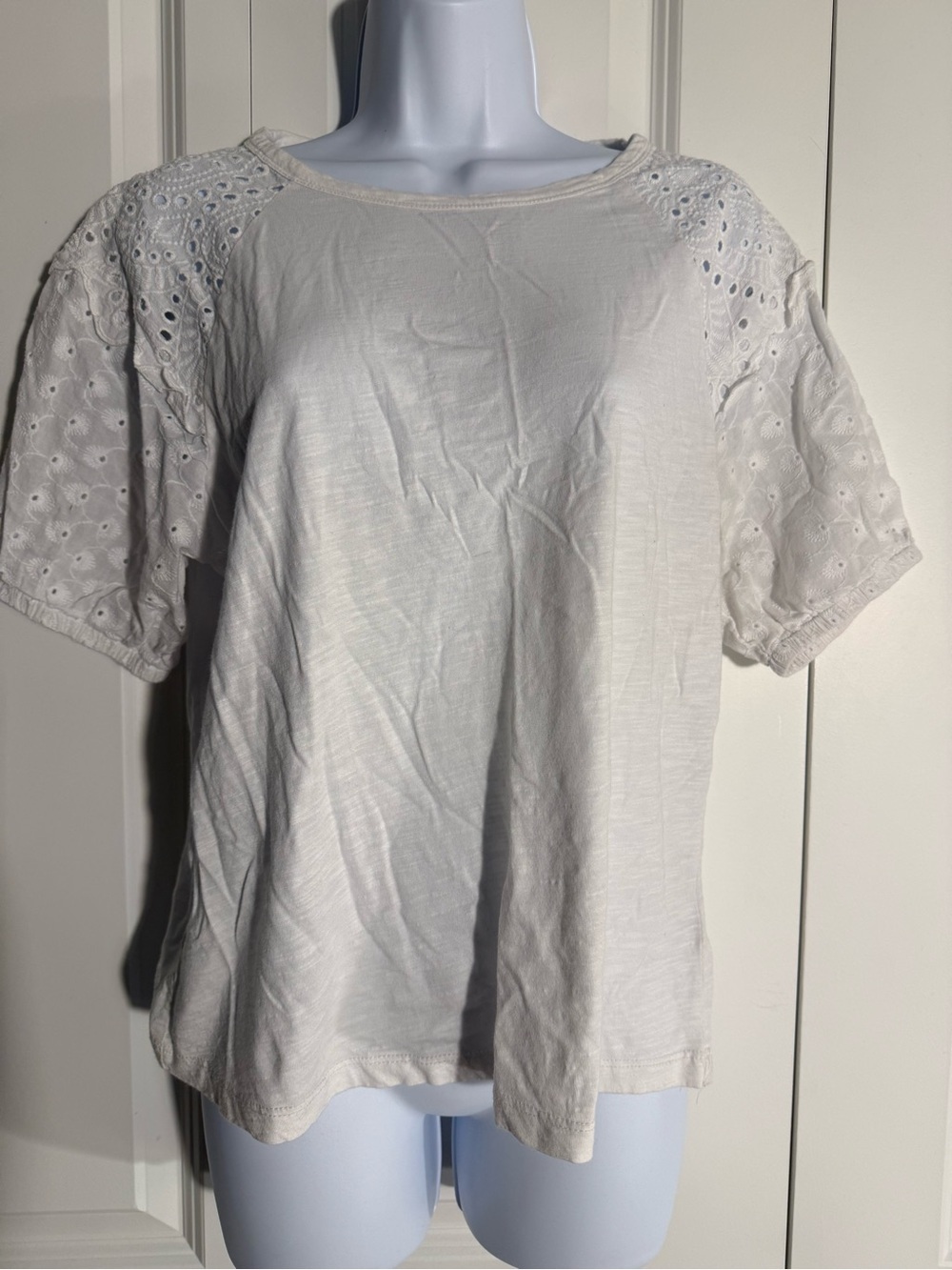Anthropologie White Eyelet Sleeve Short Sleeve Tee